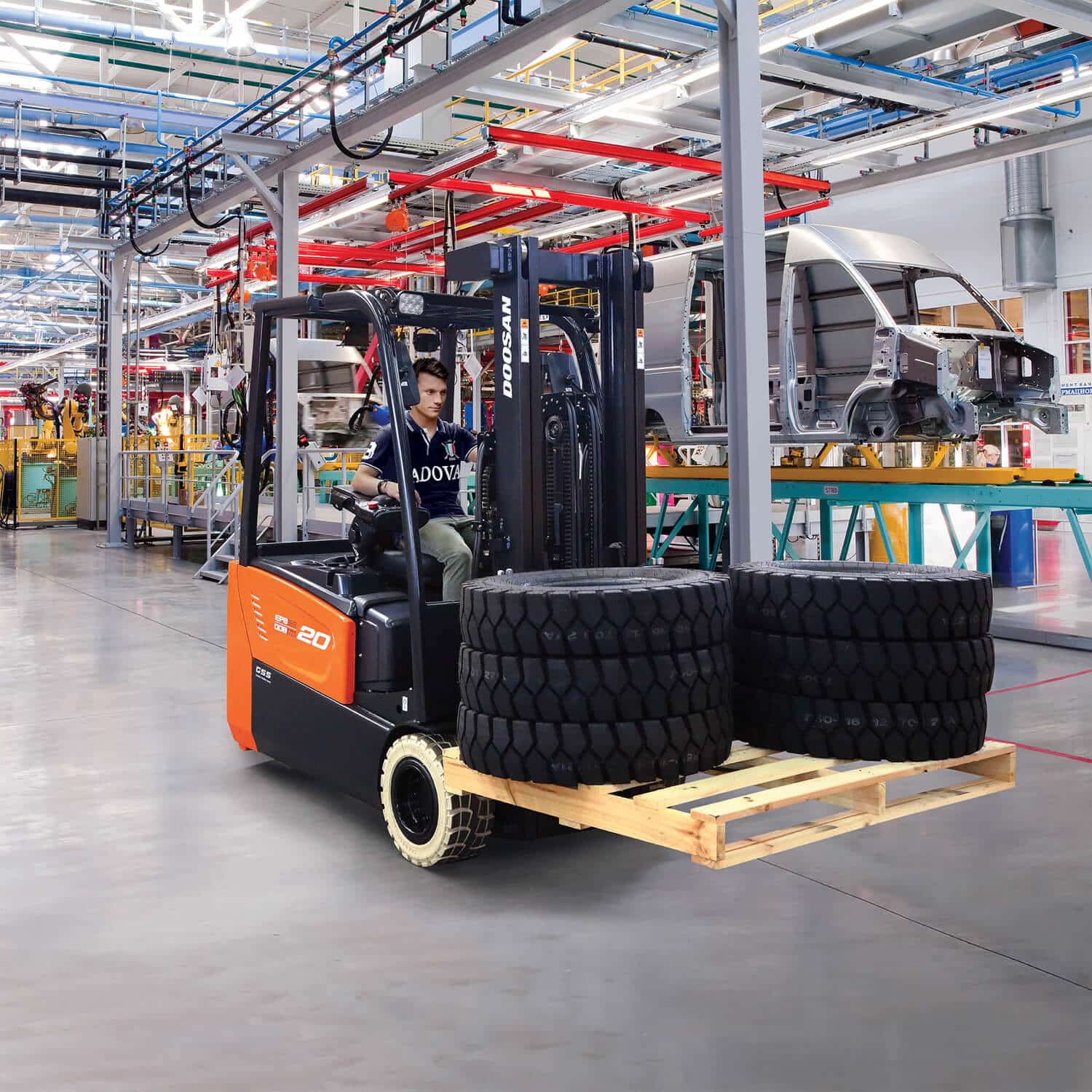 Doosan B18X/T-7 Range 1.5 – 2 Tonne Electric Forklift Trucks lifting tires